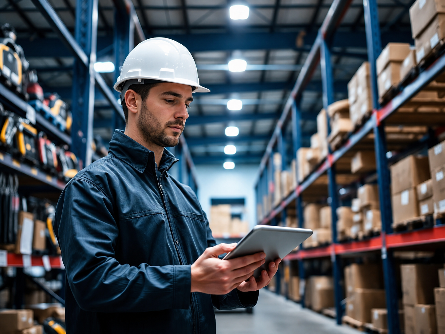 Profesional revisando inventario de insumos y herramientas en una bodega industrial